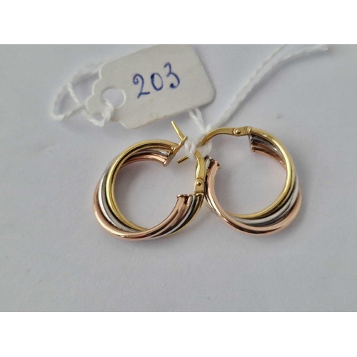 203 - A Pair Of Three Colour Hoop Earrings 9Ct