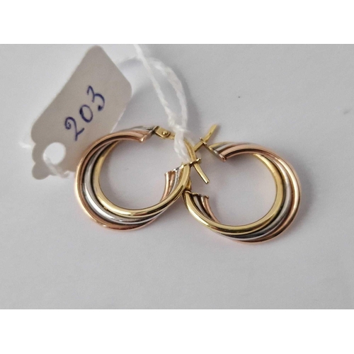 203 - A Pair Of Three Colour Hoop Earrings 9Ct