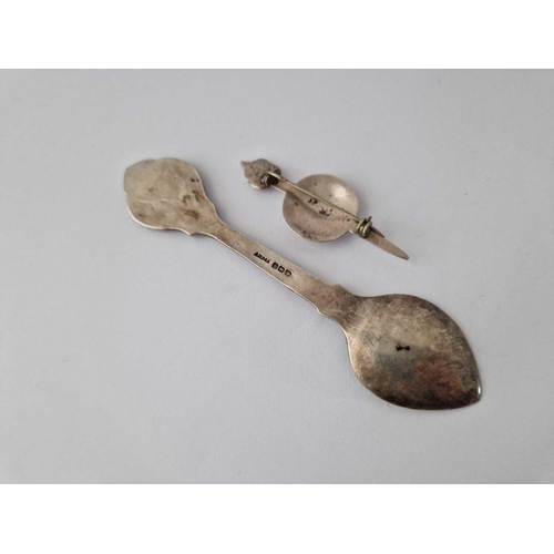 208 - A Iona Silver Spoon With Galleon Terminal Together With A Iona Silver Dagger Pin Brooch 35 Gms