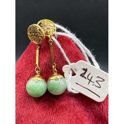 243 - Charming Jade, Drop Earrings Round Ball With Good Luck. In High Gold Tested