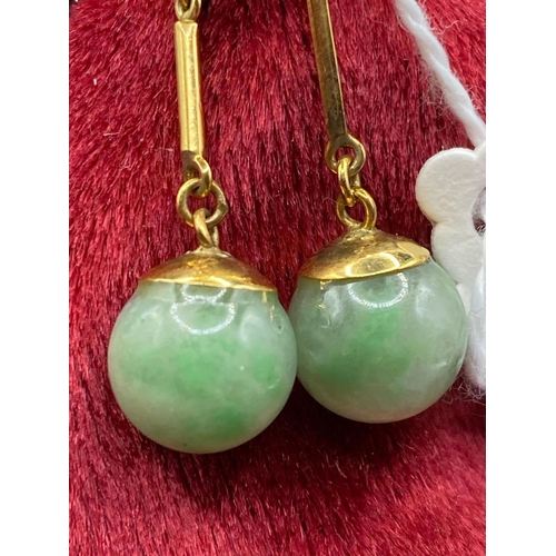 243 - Charming Jade, Drop Earrings Round Ball With Good Luck. In High Gold Tested