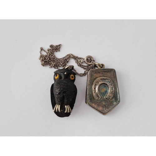 30 - A Bog Oak Owl Pendant And Silver Locket In Box