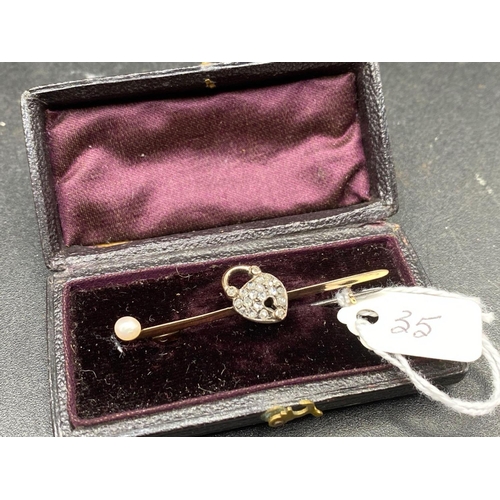 35 - A Antique Novelty Gold Diamond And Pearl Padlock Brooch In A Antique Box