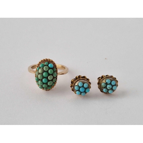 37 - A Antique Turquoise Set Ring With Matching Gold And Turquoise Earrings 9Ct