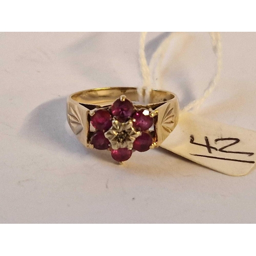 42 - A Diamond And Ruby Cluster Ring 9Ct Size Q 3.6 Gms