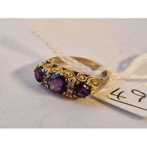 49 - A Fancy Three Stone Amethyst Ring 9Ct Size M 4 Gms