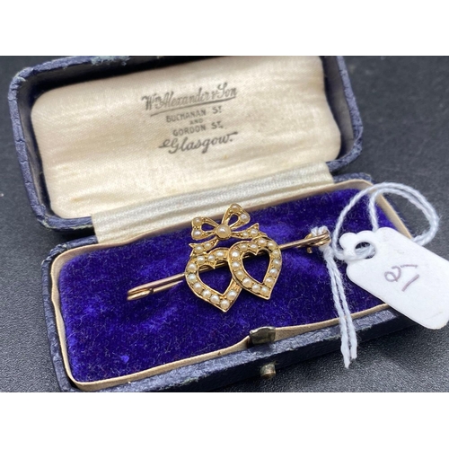 51 - A Victorian High Carat Gold Pearl Set Twin Heart Brooch Boxed