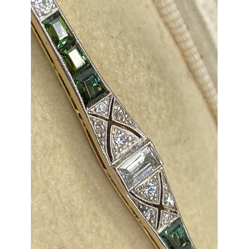 52 - A Art Deco Platinum Diamond And Tourmaline Brooch 18Ct Gold In Original Box