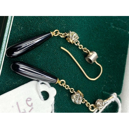 57 - A Pair Of Victorian Gold Diamond And Onyx Drop Earrings Boxed