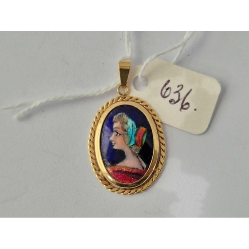 636 - An Oblong Enamel Pendant Of A Lady, 18Ct, 2.4 G.