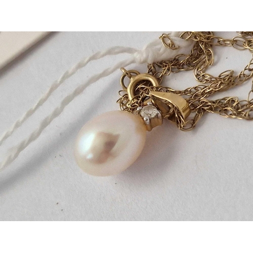 640 - A Pearl And Diamond Drop Pendant On Neck Chain, 9Ct, 18 Inch