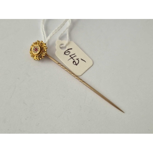 645 - A Ruby And Diamond Topped Stick Pin, 15Ct