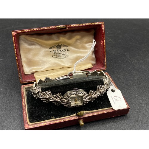 61 - An Art Deco Marcasite Cocktail Watch (Working) In Antique Box