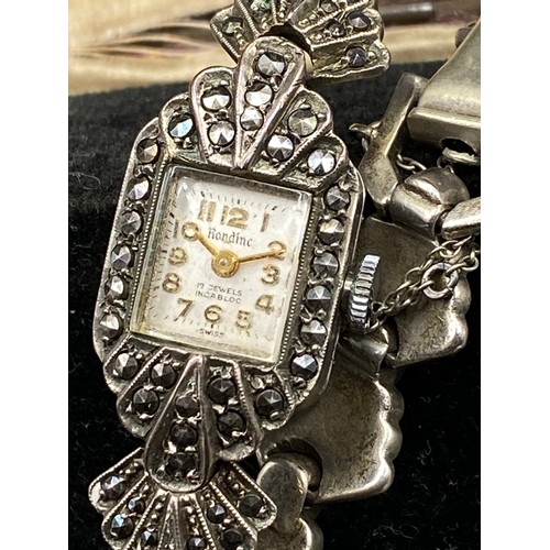 61 - An Art Deco Marcasite Cocktail Watch (Working) In Antique Box