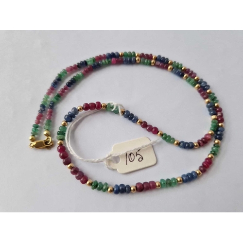 105 - A Sapphire Ruby And Emerald Necklace 9Ct 19 Inch 11.5 Gms Boxed