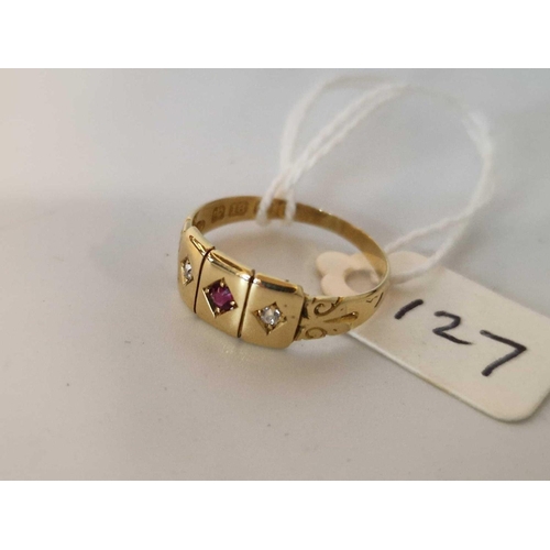 127 - Antique Edwardian 18Ct Gold Ruby & Diamond 3 Stone Ring Hallmarked Birmingham 1901, Size O