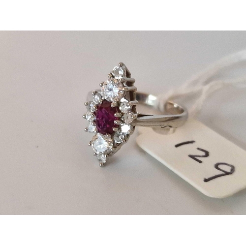 129 - Vintage 18Ct Hallmarked White Gold Marquise Ruby & Diamond Set Ring, Size K