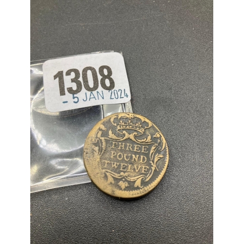 1308 - Three Pound Twelve Brass Coin Weight