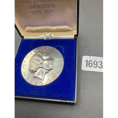 1693 - A Danish Silver Hans Christian Anderson Medal 100G By Georg Jenson,(Boxed)