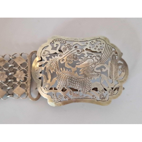 26 - Antique Silver Chinese Mesh Belt With Engraved & Chased Dragon Detail To Buckle