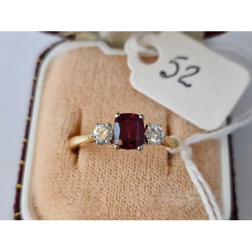 52 - A Edwardian Good Colour Ruby And Diamond Three Stone Ring 18Ct Gold Size Q 2.9 Gms Boxed