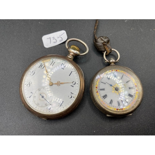 735 - A Gents Silver Pocket Watch And Ladies Silver Fob Watch