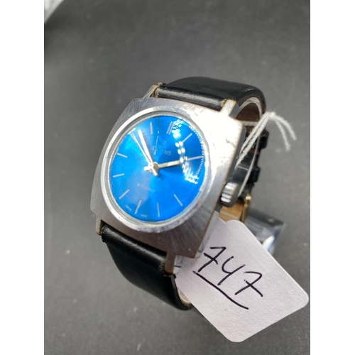 747 - A Gents Sorma Blue Faced Wrist Watch With Seconds Sweep, W/O