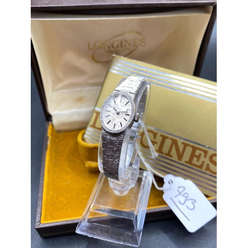 793 - A Ladies Silver Longines Wrist Watch With Box And Papers