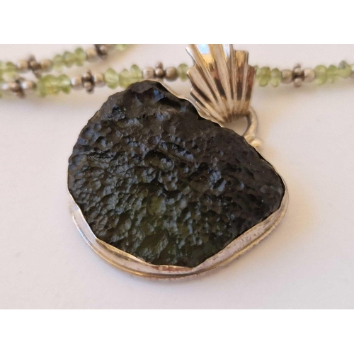 109 - A Moldavite Stone Pendant On Silver Peridot Fancy Bead Chain  16 Inch