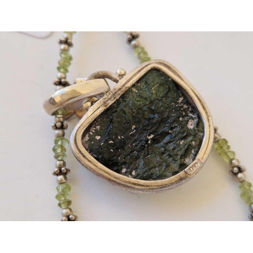 109 - A Moldavite Stone Pendant On Silver Peridot Fancy Bead Chain  16 Inch