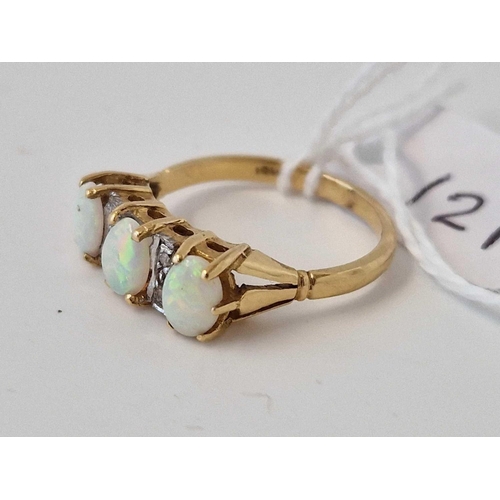 121 - A Three Stone Opal And Diamond Ring 18Ct Gold Size N