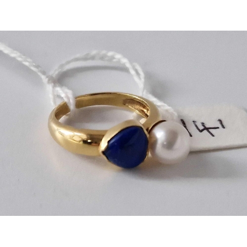 141 - A Lapis And Pearl Ring 18Ct Gold Size M 4.1 Gms