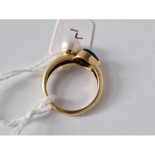 141 - A Lapis And Pearl Ring 18Ct Gold Size M 4.1 Gms