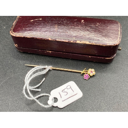 159 - A Fine Double Headed Antique Ruby And Pearl Stick Pin Screw Top In High Carat And Original Box