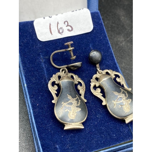 163 - A Pair Of Silver Niello Drop Earrings In The Form Of Urns