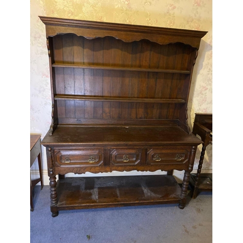 1771 - Jacobean Style Oak Dresser With Open Shelves To Top And Base With 3 Drawers And Pot Board Under. 5'6... 