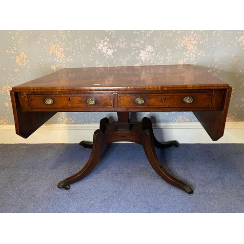 1774 - Georgian Mahogany Lap Sofa Table With 2 Drawers, Pedestal Stem With Brass Capped Splay Legs