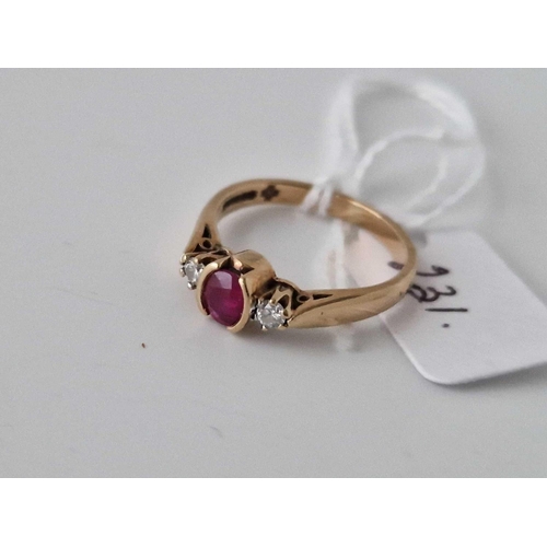 231 - A Three Stone Ruby And Diamond Ring 9Ct Size M 2.5 Gms