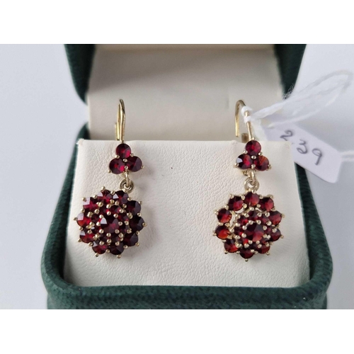 239 - A Pair Of Garnet Cluster Drop Pendant Earrings 9Ct