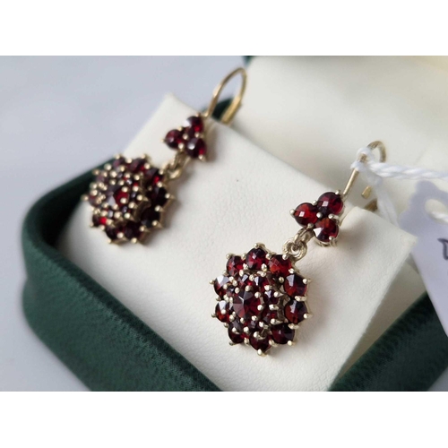 239 - A Pair Of Garnet Cluster Drop Pendant Earrings 9Ct