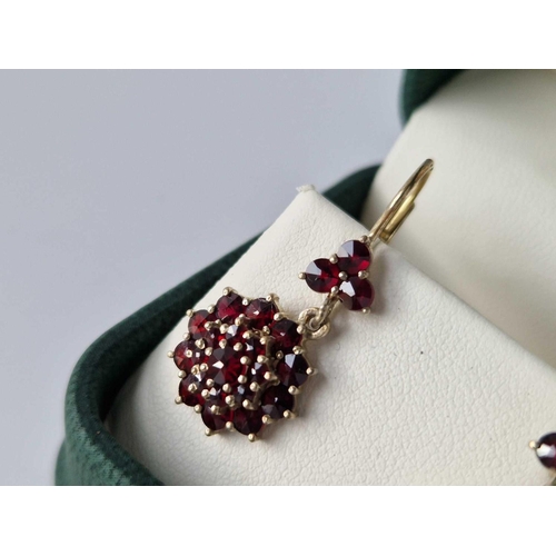 239 - A Pair Of Garnet Cluster Drop Pendant Earrings 9Ct