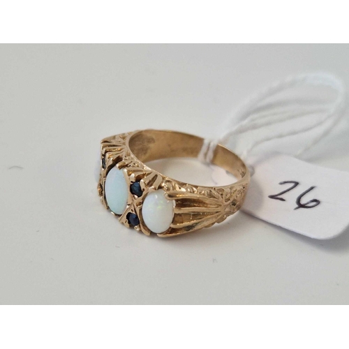 26 - A Three Stone Opal Carved Half Hoop Ring With Sapphires Set Between The Opals 9Ct Size K