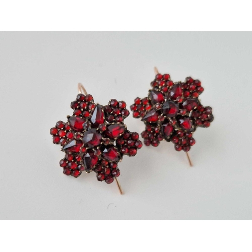 322 - A Antique Victorian Gold Bohemian Garnet Flower Head Design Earrings On French Wires