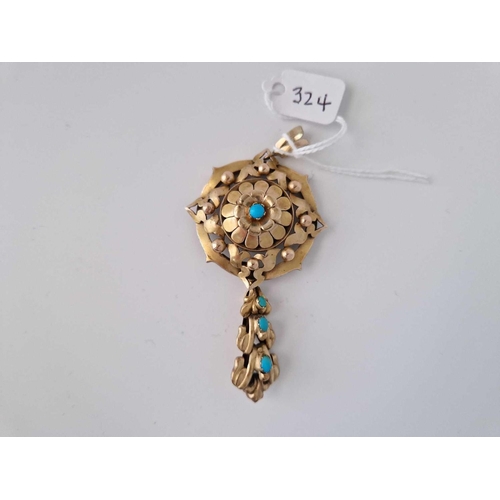 324 - A Antique Victorian Large Gold Drop Pendant Set With Turquoise The Bale Stamped 15Ct Gold 85Mmx 42Mm