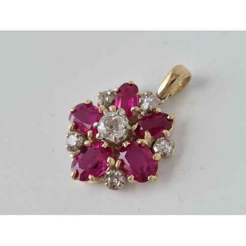 327 - A Antique Gold Flower Design Pendant Set With Five Natural Unheated Burma Ruby'S And Old Cut Diamond... 