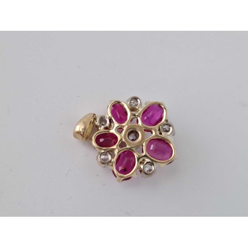 327 - A Antique Gold Flower Design Pendant Set With Five Natural Unheated Burma Ruby'S And Old Cut Diamond... 