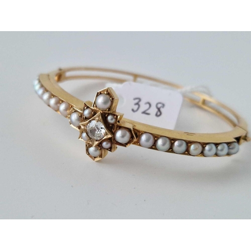 328 - A Antique Late Victorian Pearl And Diamond Set Bangle 15Ct Gold