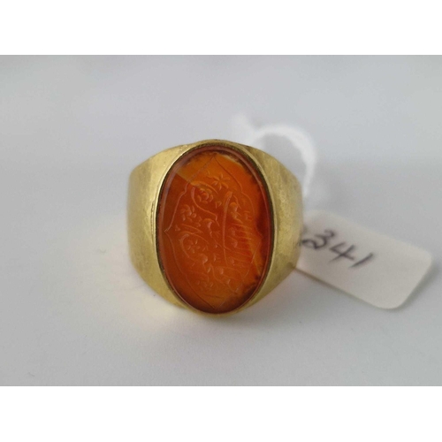 341 - A Gents Ring With Eastern Intaglio 22Ct Gold Size R 12.4 Gms