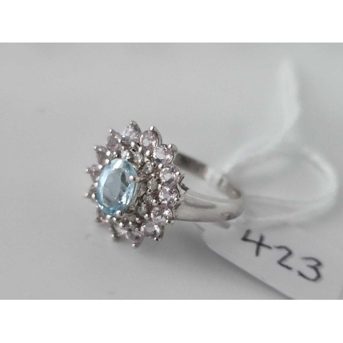 423 - A White Gold Aquamarine And Diamond Cluster Ring 9Ct Size M