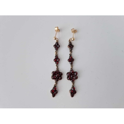 453 - A Pair Of Antique Bohemian Garnet Drop Earrings On Gold Stud Fittings 16Mm